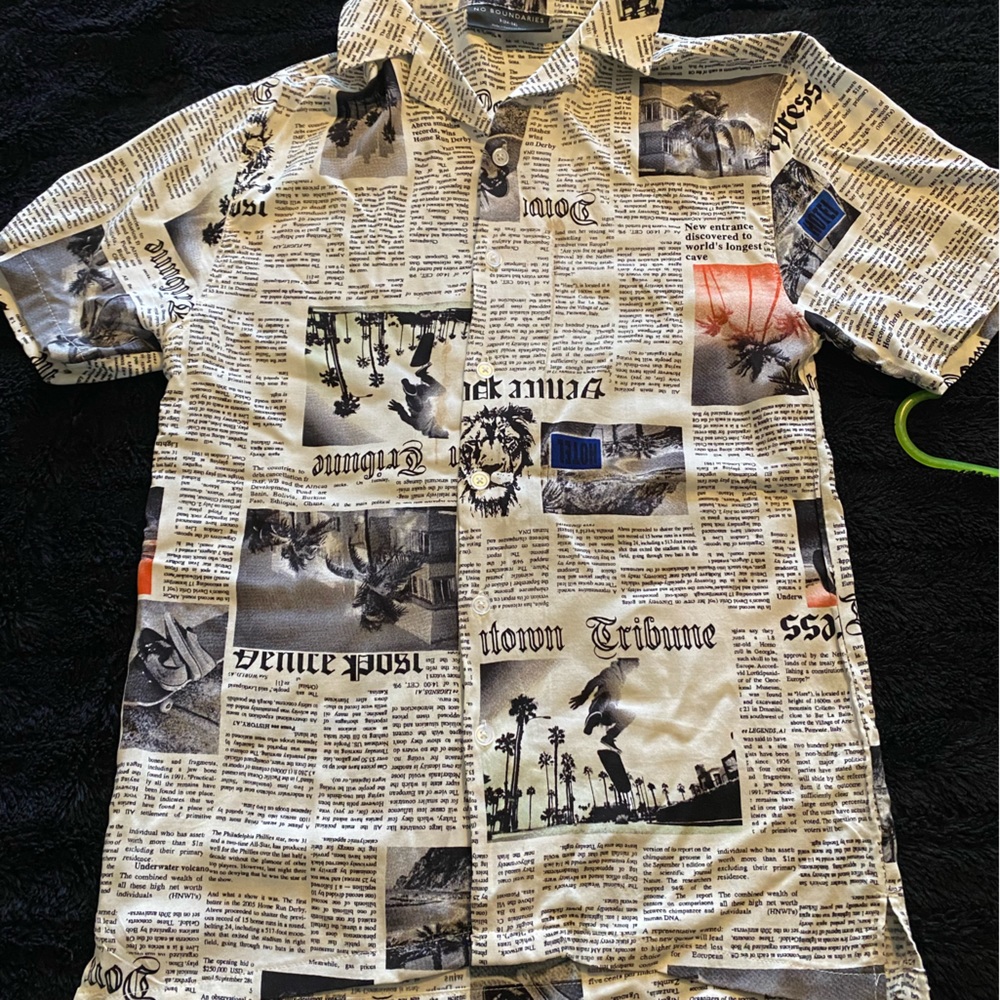 Newspaper print button up tee